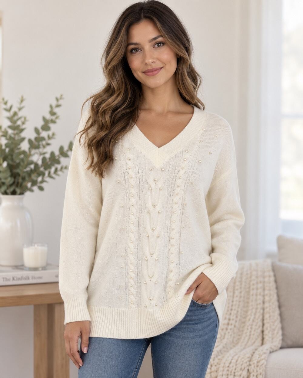 New York & Company Pearl Cable Knit V-Neck Sweater Medium